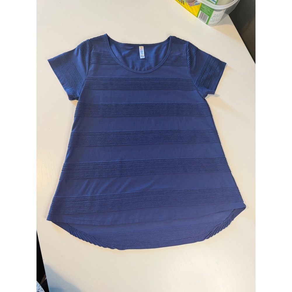 LuLaRoe Blue Short Sleeve Pintuck Stripe High Low Hem Tunic Top Large